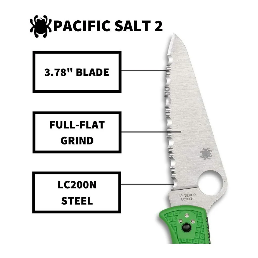 Spyderco Pacific Salt 2 SpyderEdge Folding Knife with H-1 Steel Blade and Nylon Handle (Green) - Image 6