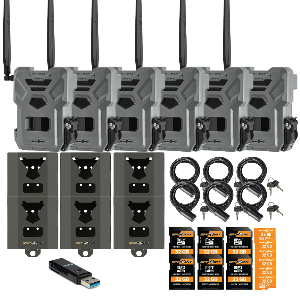 Spypoint Flex Dark Cellular Trail Camera (6 Pack) w/ Steel Case and Accessories