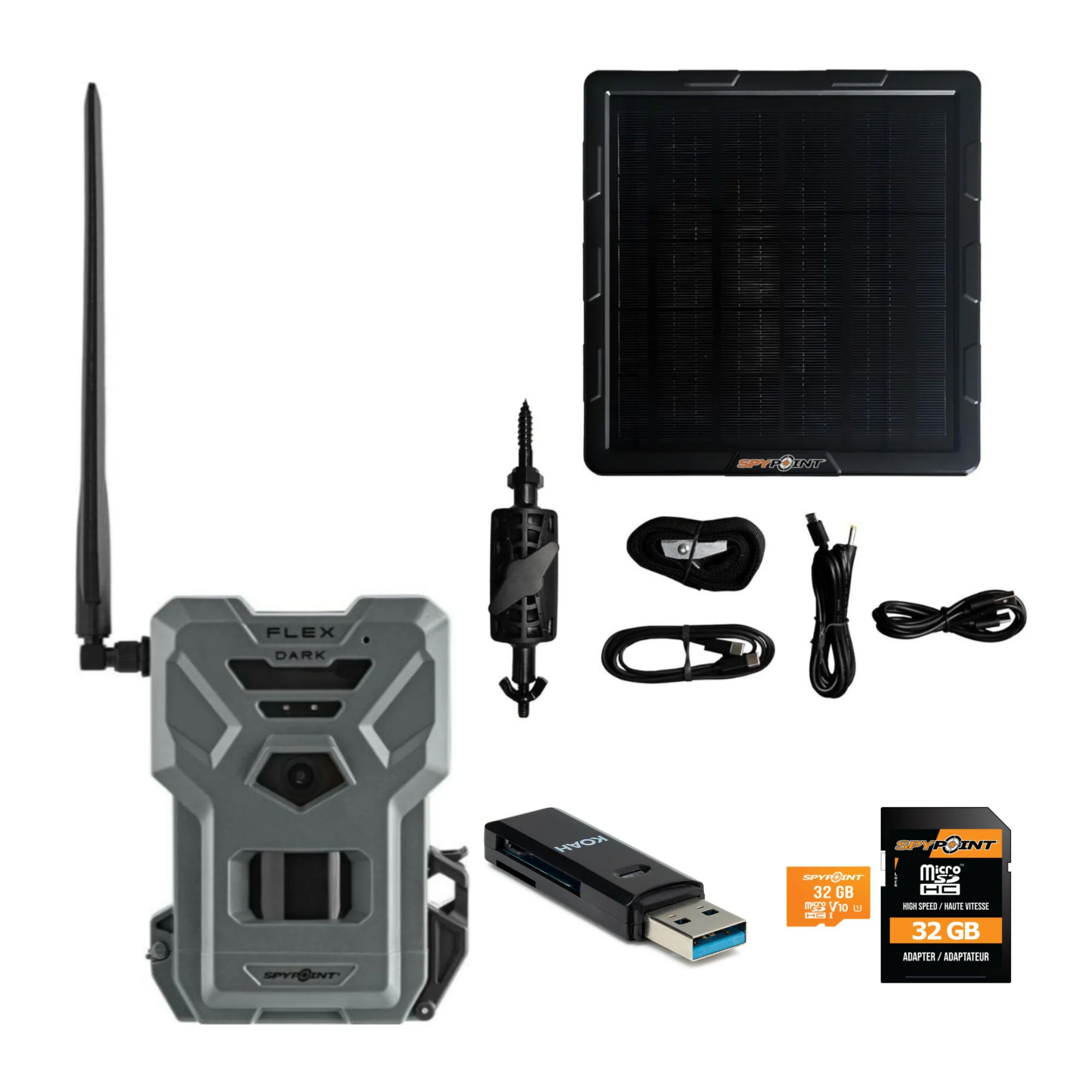 Spypoint Flex Dark GPS Cellular Trail Camera with Solar Panel and Accessories
