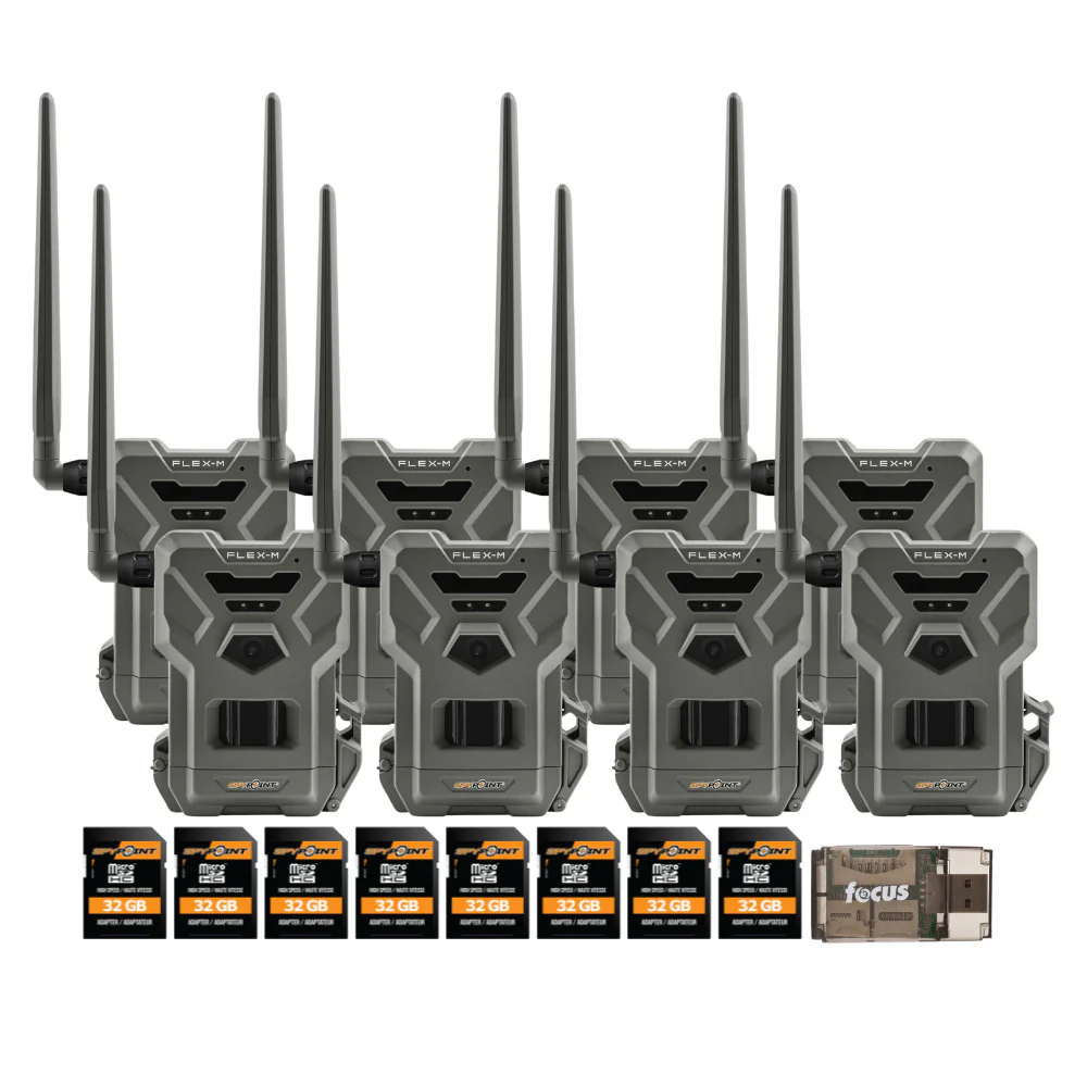 Spypoint Flex M Twin Pack 28MP Cellular Trail Cameras (4-Pack) with 8 x 32GB Memory Card Bundle