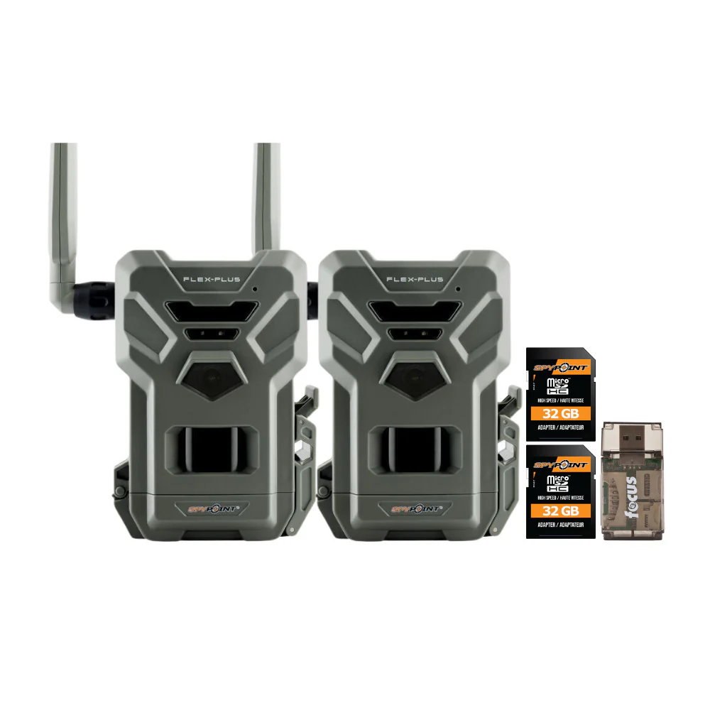 Spypoint FLEX-PLUS Cellular Trail Camera (2-Pack) with Spypoint Memory Card (2-Pack) Bundle