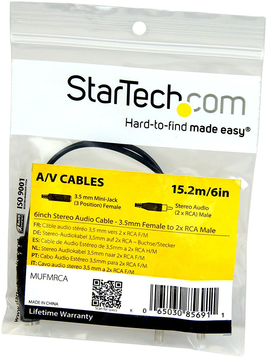 StarTech MUFMRCA 3.5mm Female to 2 x RCA Male 6-Inch Stereo Audio Cable - Image 4