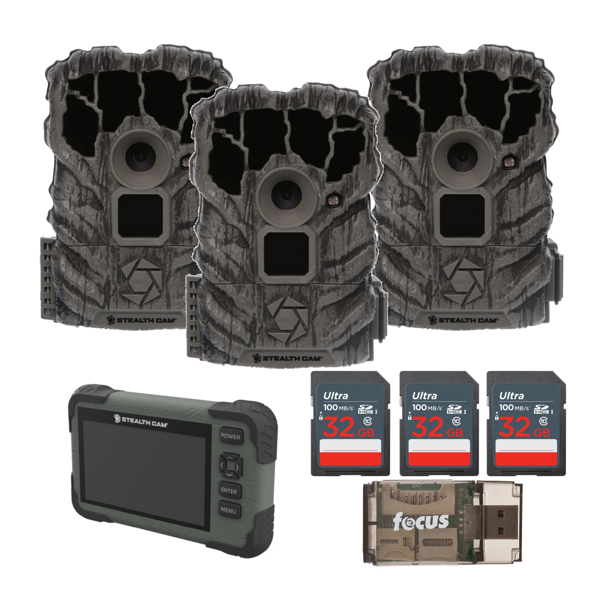 Stealth Cam Browtine 14MP Camera (3 Pack) with SD Card Reader-Viewer, Memory Card & Card Reader