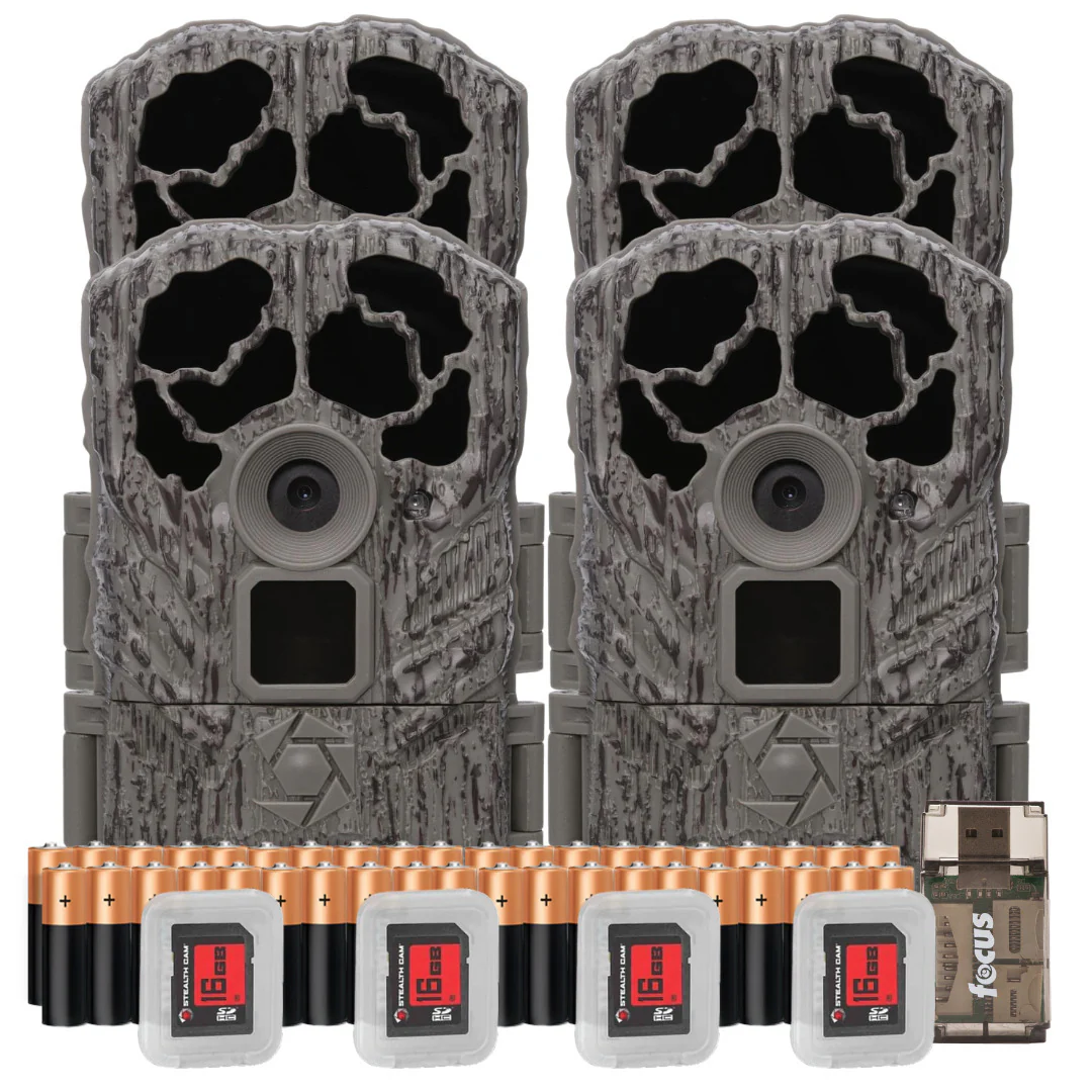 Stealth Cam Browtine 18MP Digital Trail Camera Combo with Focus High Speed Card Reader (4 Pack)