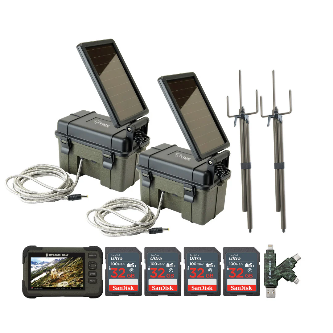 HME Trail Camera 12V with Solar Auxiliary Power Pack (2-Pack) with 2x SD Card Reader-Viewer Bundle