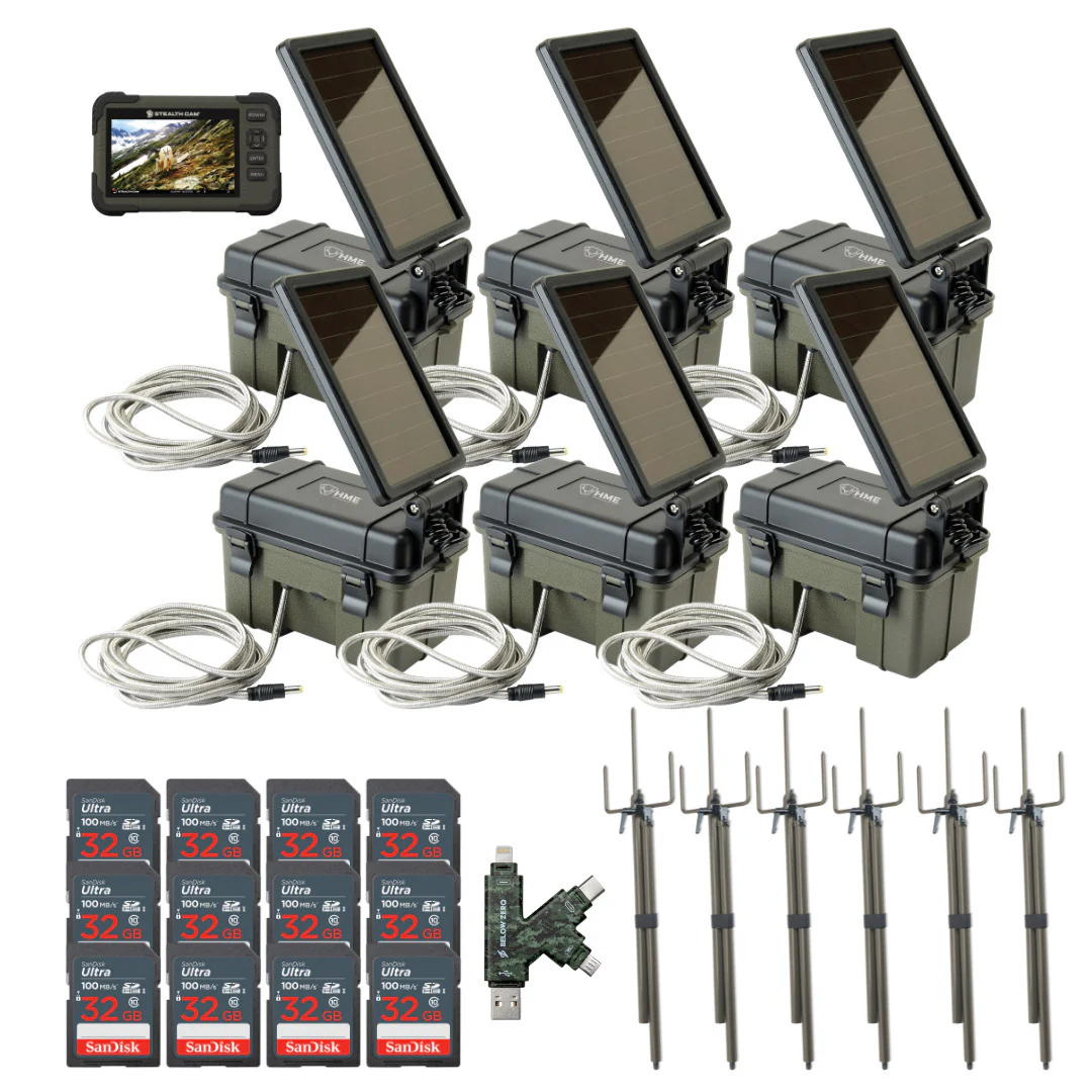 HME Trail Camera 12V with Solar Auxiliary Power Pack (6-Pack) with 6x SD Card Reader-Viewer Bundle