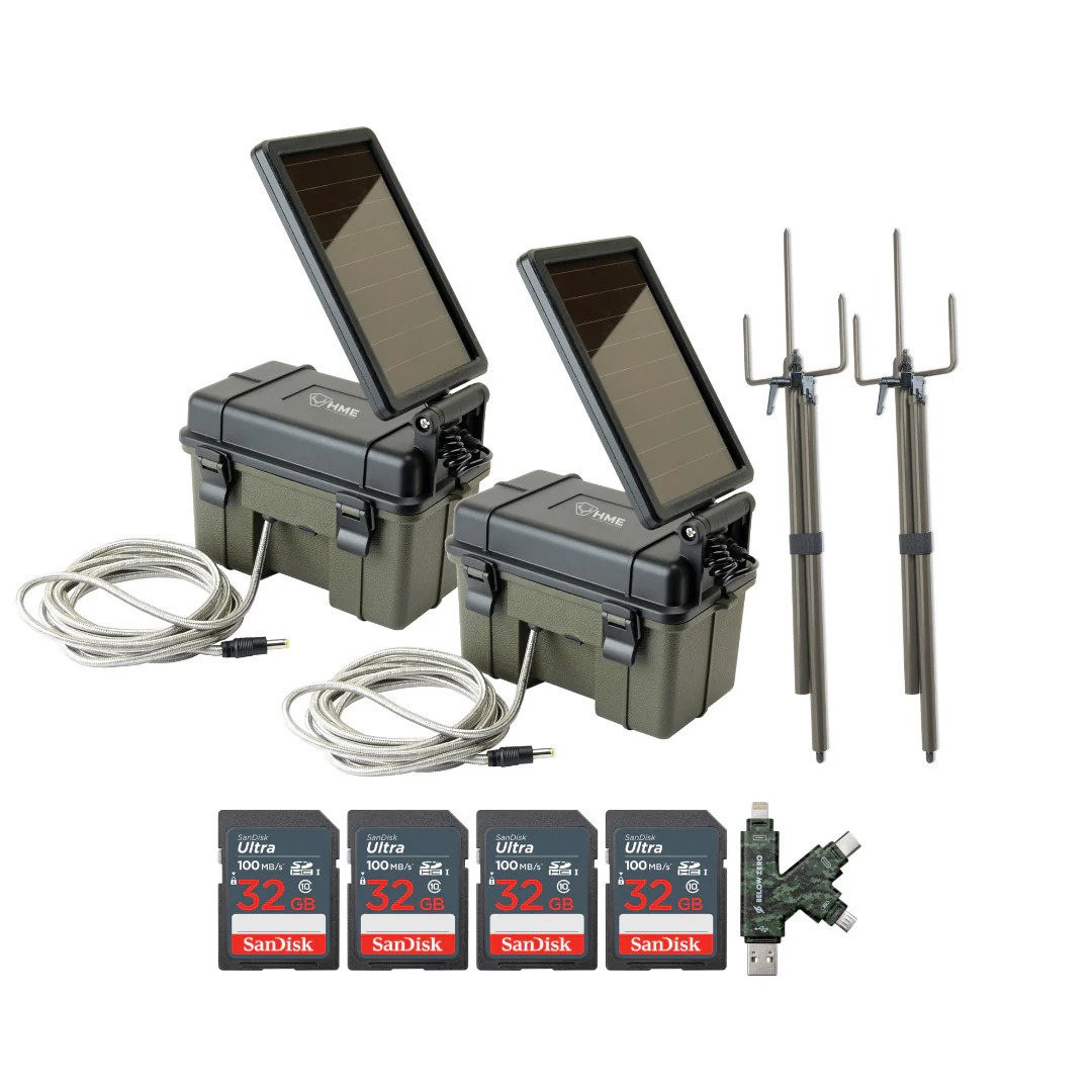 HME Trail Camera 12V with Solar Auxiliary Power (2-Pack) with Camera Mount Stick (2-Pack) Bundle