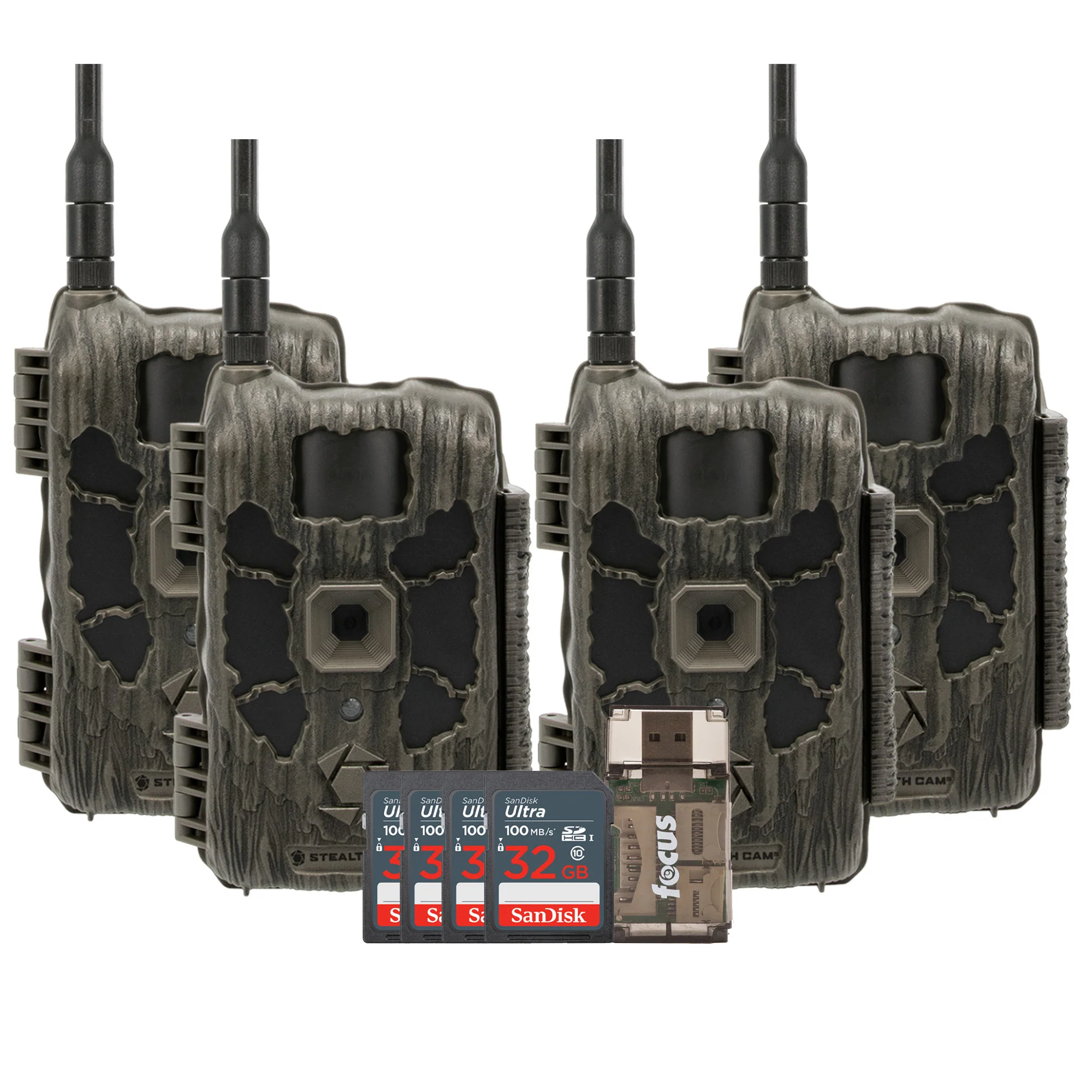 Stealth Cam 40MP Deceptor Max Cellular Trail Camera 4-Pack with Four 32GB Cards and Card Reader