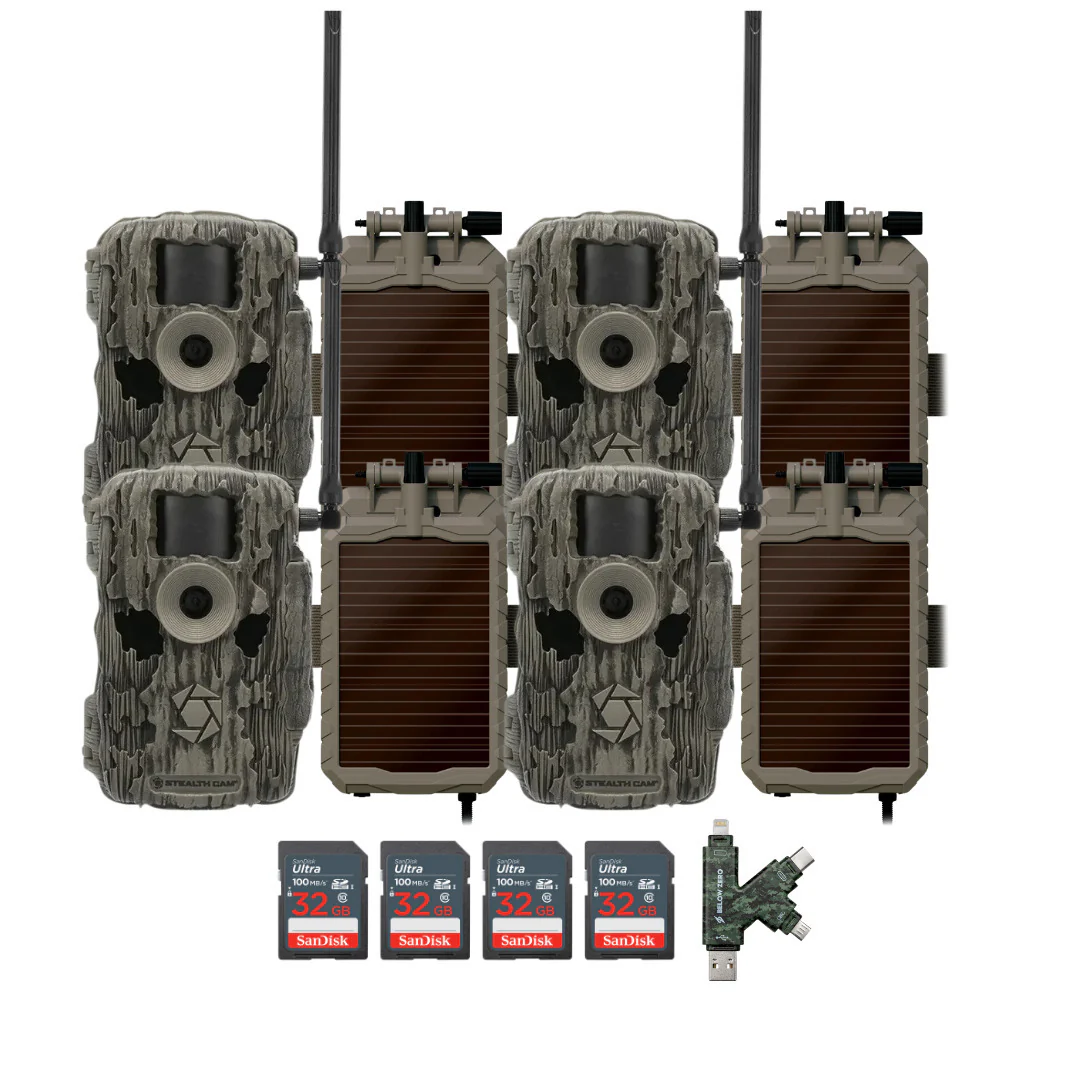 Stealth Cam 36MP Fusion Max Cellular Trail Camera (4-Pack) with 4x Lithium Solar Power Panel Bundle