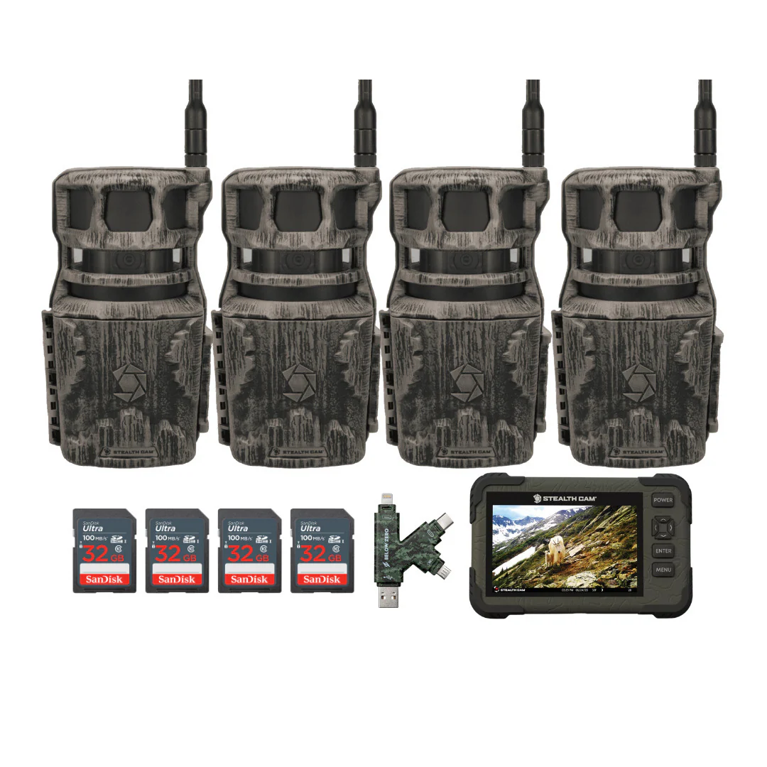 Stealth Cam Revolver 40MP Pro 360 Degree Cellular Trail Camera with SD Card Reader (4-Pack) Bundle