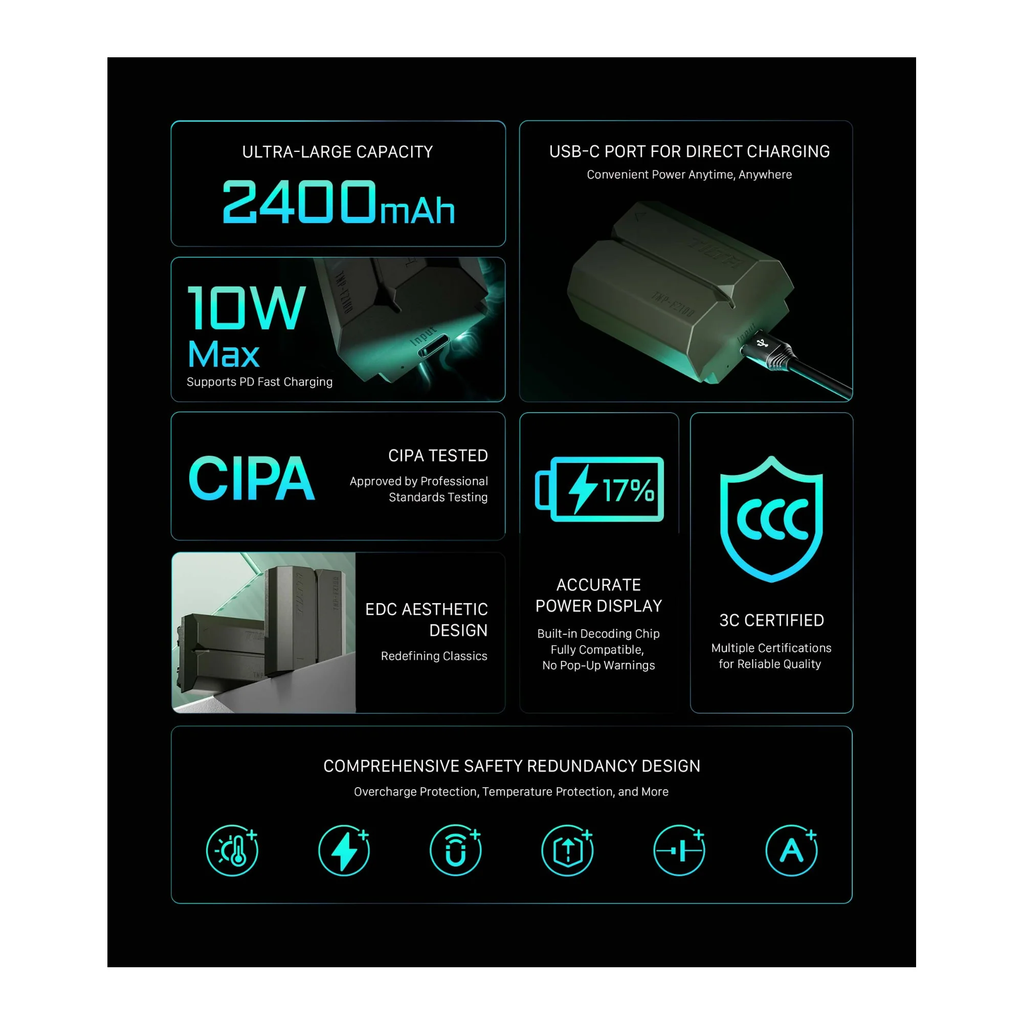 Tilta NP-FZ100 2400mAh High-Capacity Battery with High-Energy-Density Cell and USB-C Port (Green) - Image 6