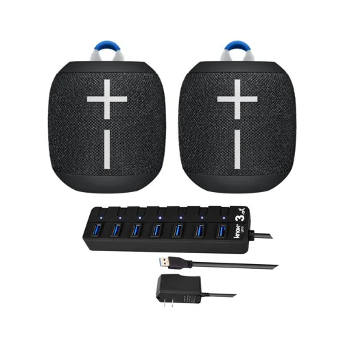 Ultimate Ears WONDERBOOM 2 Portable Bluetooth Speaker Pair (Deep Space) with Knox Gear 7-Port USBHub
