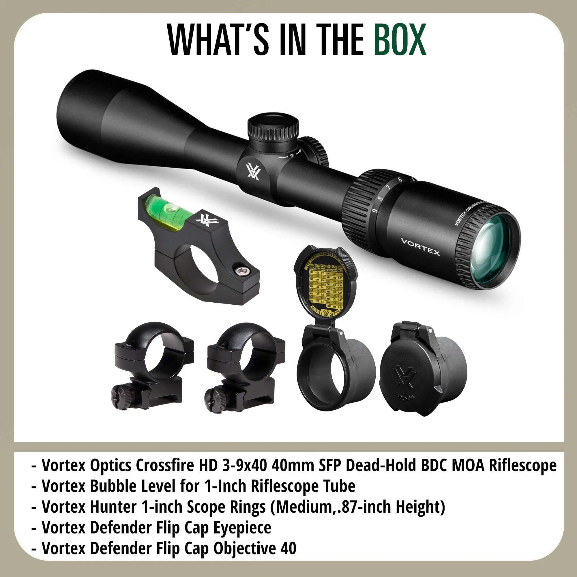 Vortex Optics Crossfire HD 3-9x40 SFP Dead-Hold BDC MOA Bundle with Accessories - Image 8