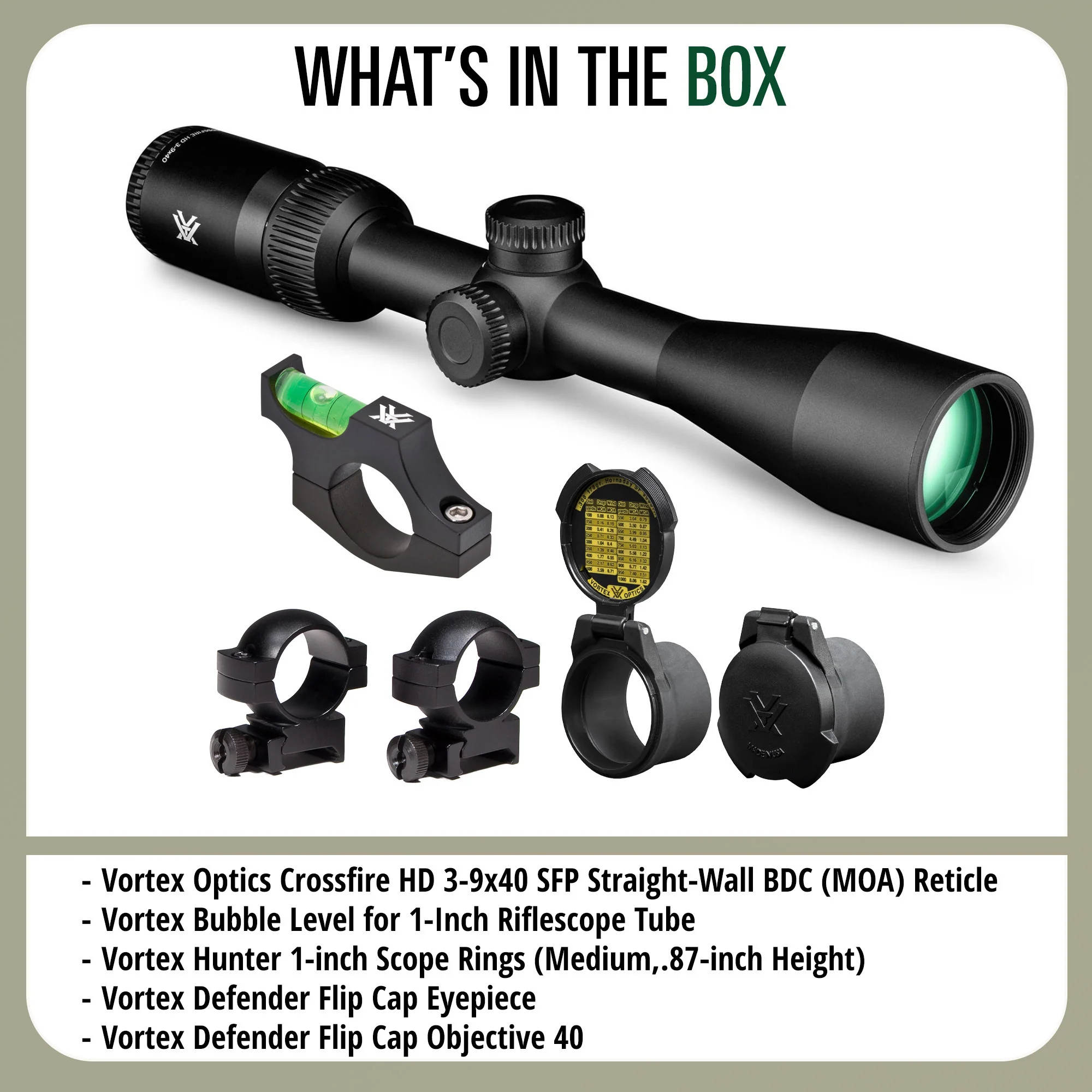 Vortex Optics Crossfire HD 3-9x40 SFP Straight-Wall BDC MOA Bundle - Image 9