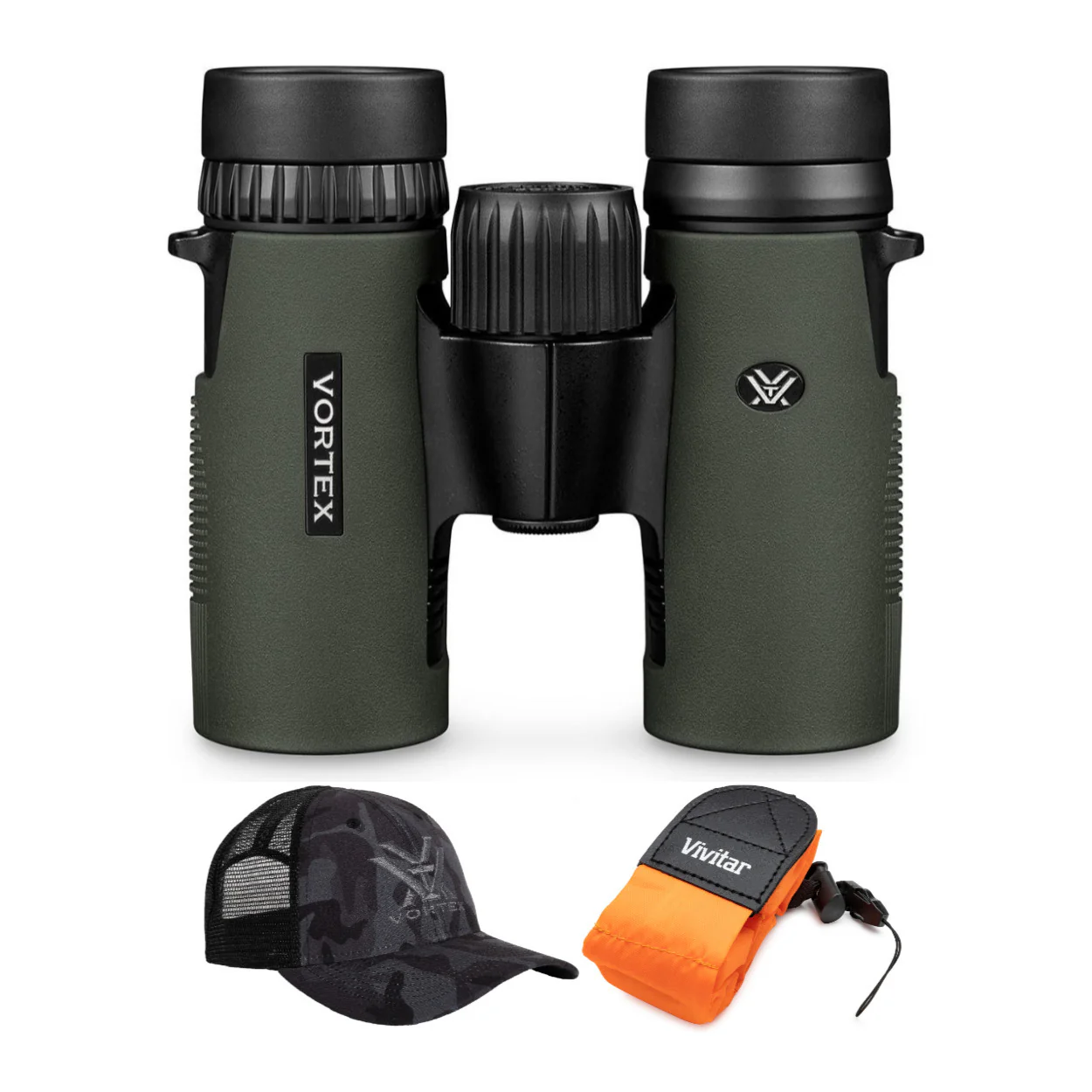 Vortex 10x32 Diamondback HD Roof Prism Binoculars with Cap and Floating Strap Bundle