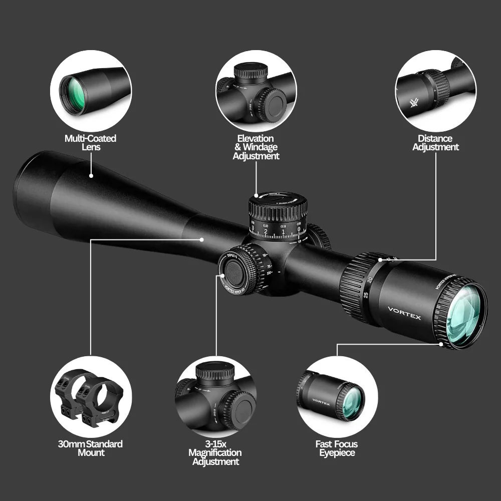 Vortex Viper HD 3-15x44 Dead-Hold Riflescope (BDC MOA Reticle) with 30mm Main Tube Bundle - Image 4
