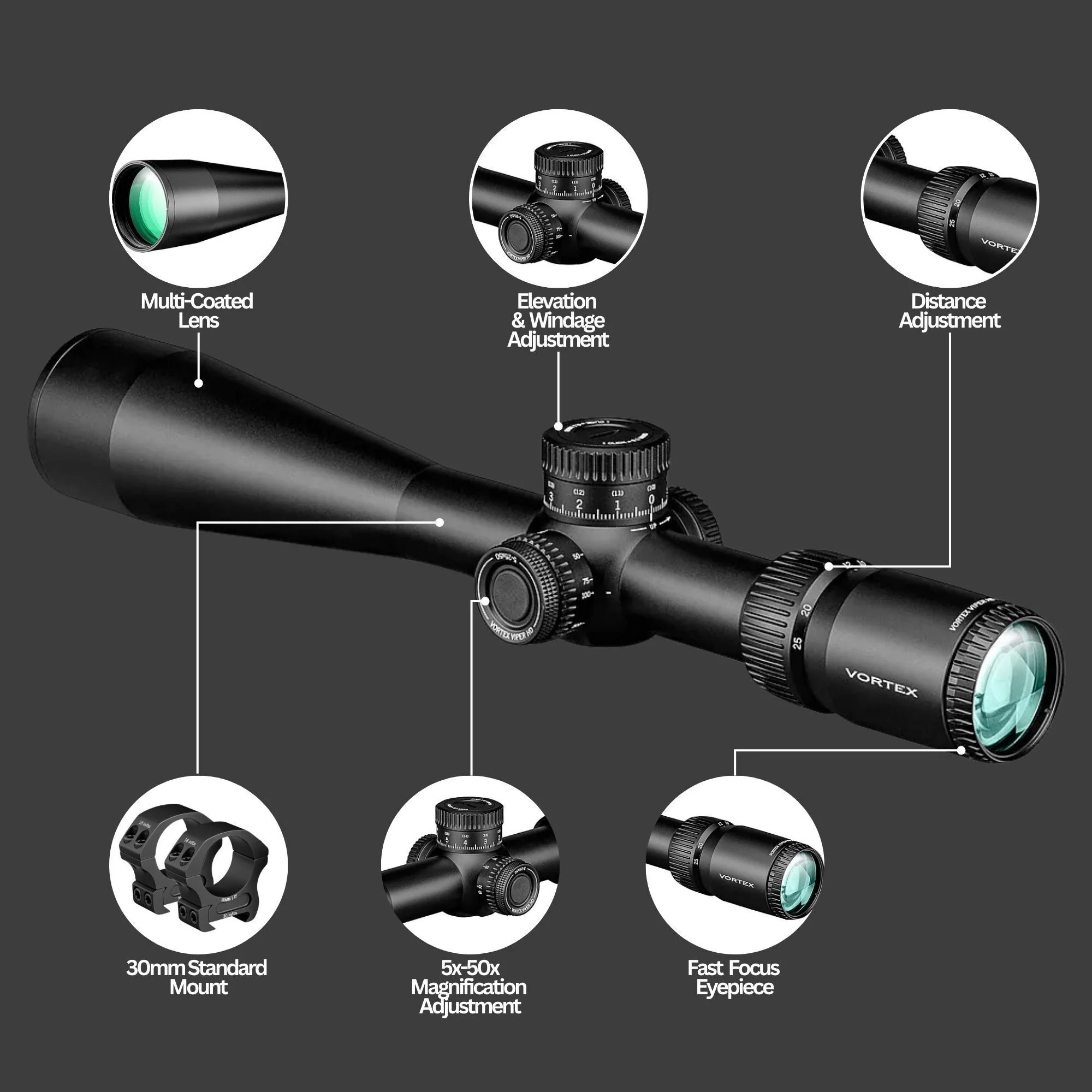 Vortex Viper HD 5-25x50 Dead-Hold Riflescope (FFP VMR-4 MRAD Reticle) with Riflescope Rings Bundle - Image 4