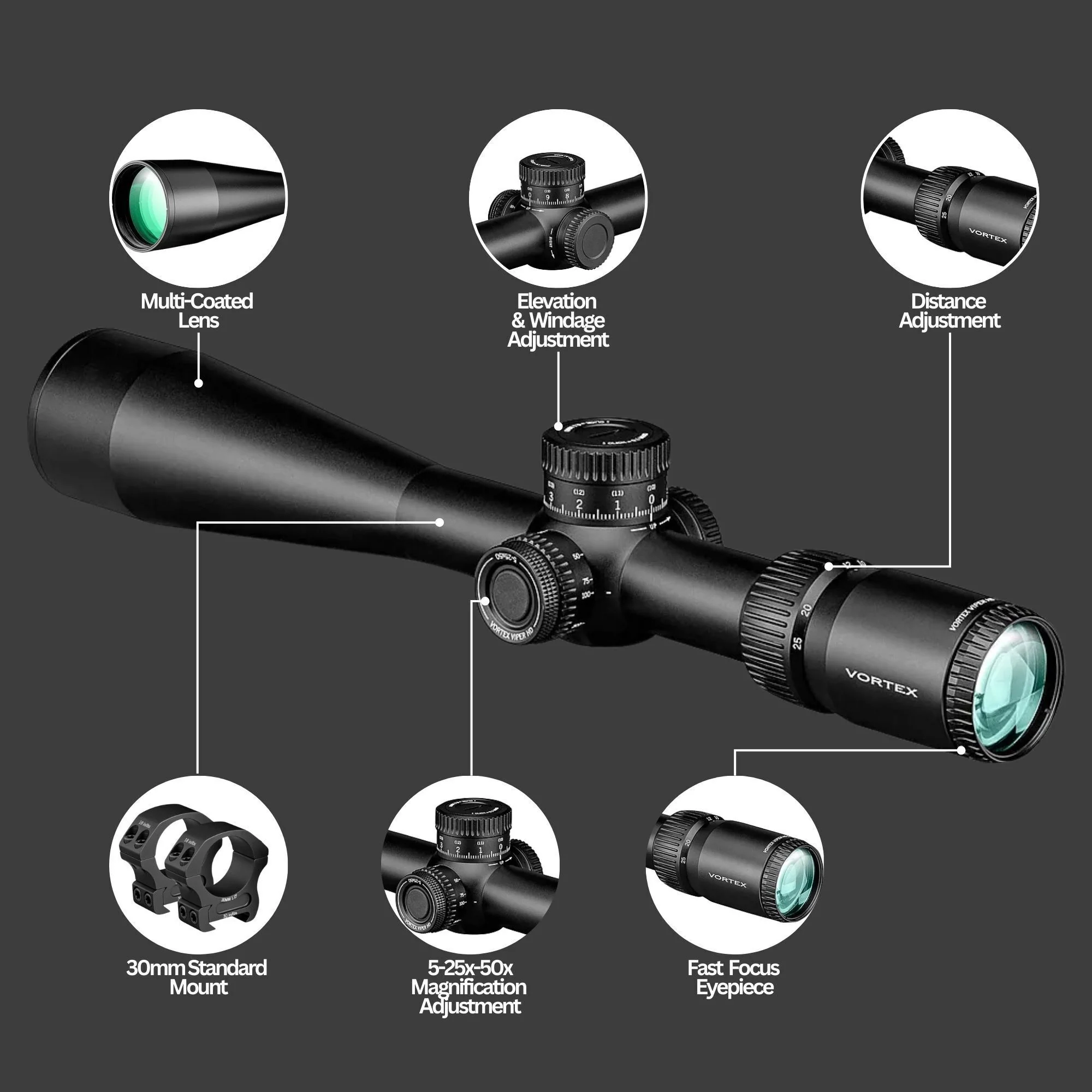 Vortex Viper HD 5-25x50 Dead-Hold Riflescope (VMR-3 MRAD Reticle) with Riflescope Rings Bundle - Image 4