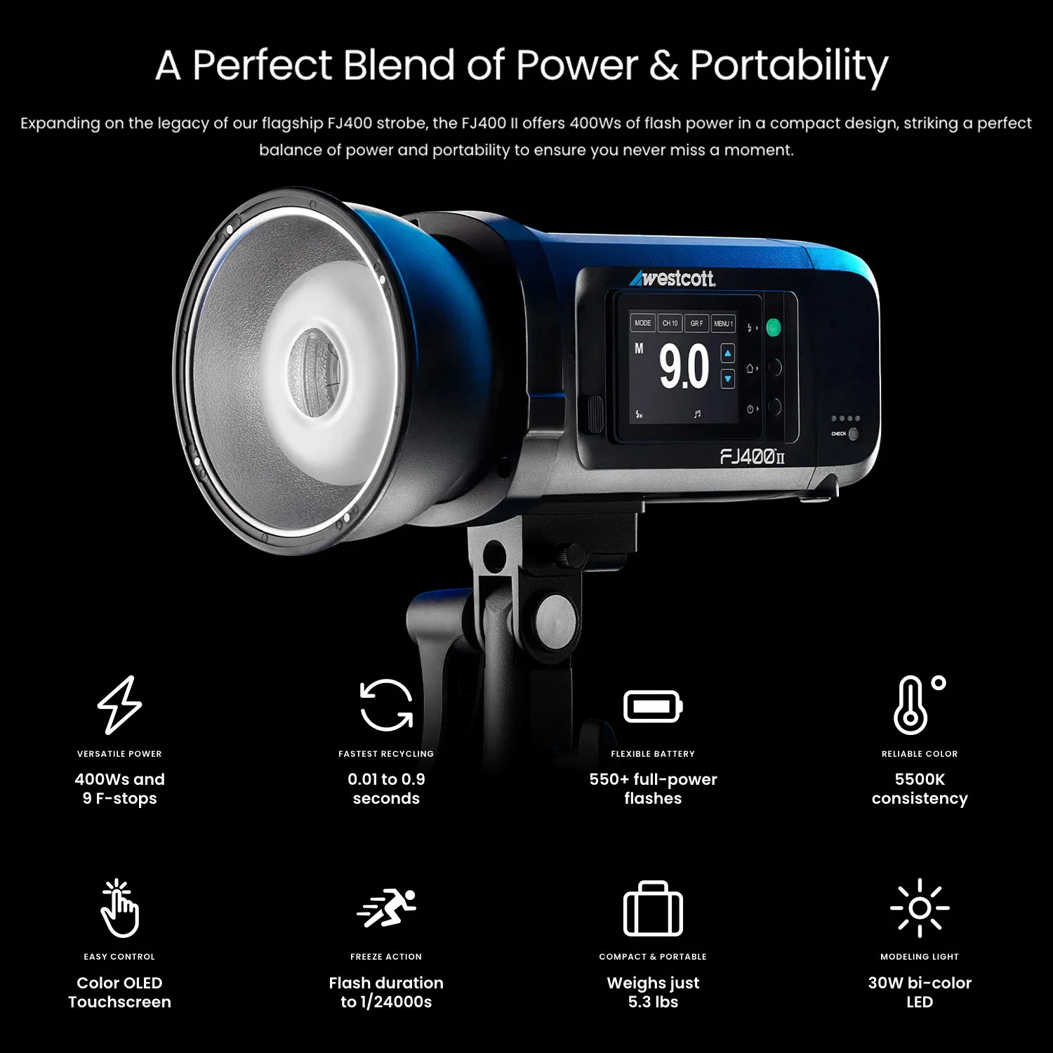 Westcott FJ400 II 400Ws Compact Touchscreen Strobe and ProMax AC and DC Battery (Black) Bundle - Image 4