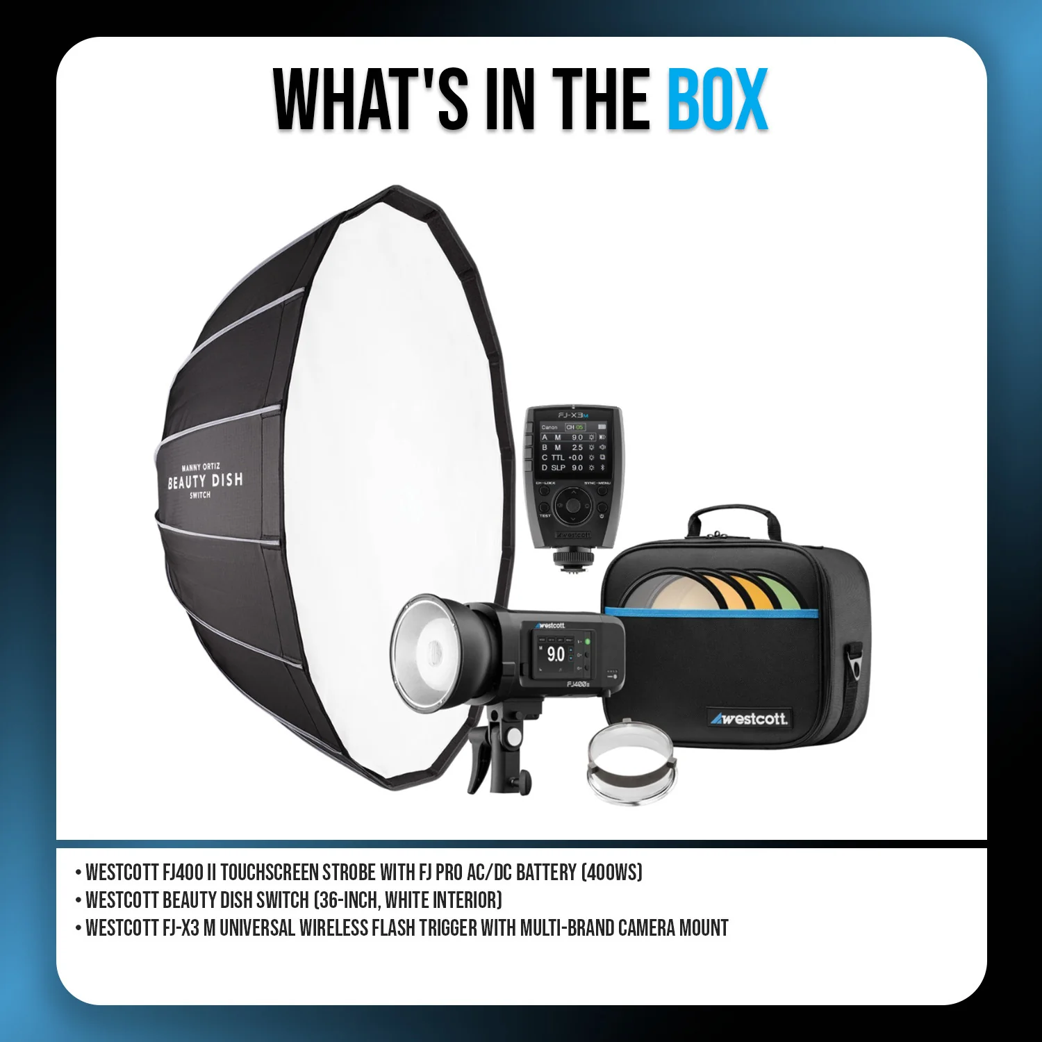 Westcott FJ400 400Ws Strobe with AC and DC Lithium Polymer Battery with Westcott Beauty Dish Bundle - Image 3
