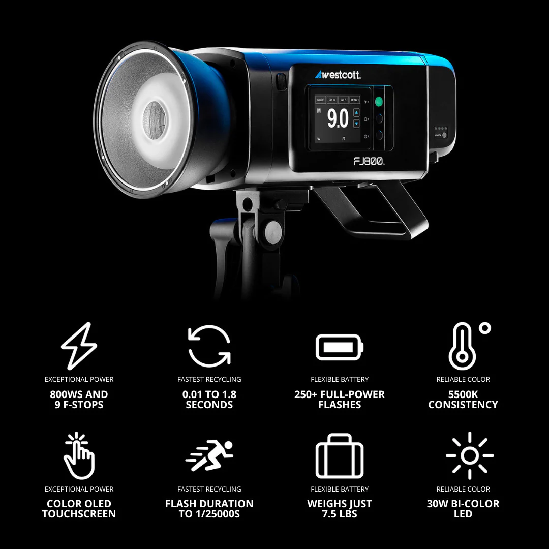 Westcott FJ800 800W Compact Touchscreen Strobe with FJ Pro AC, DC Battery Bundle - Image 2