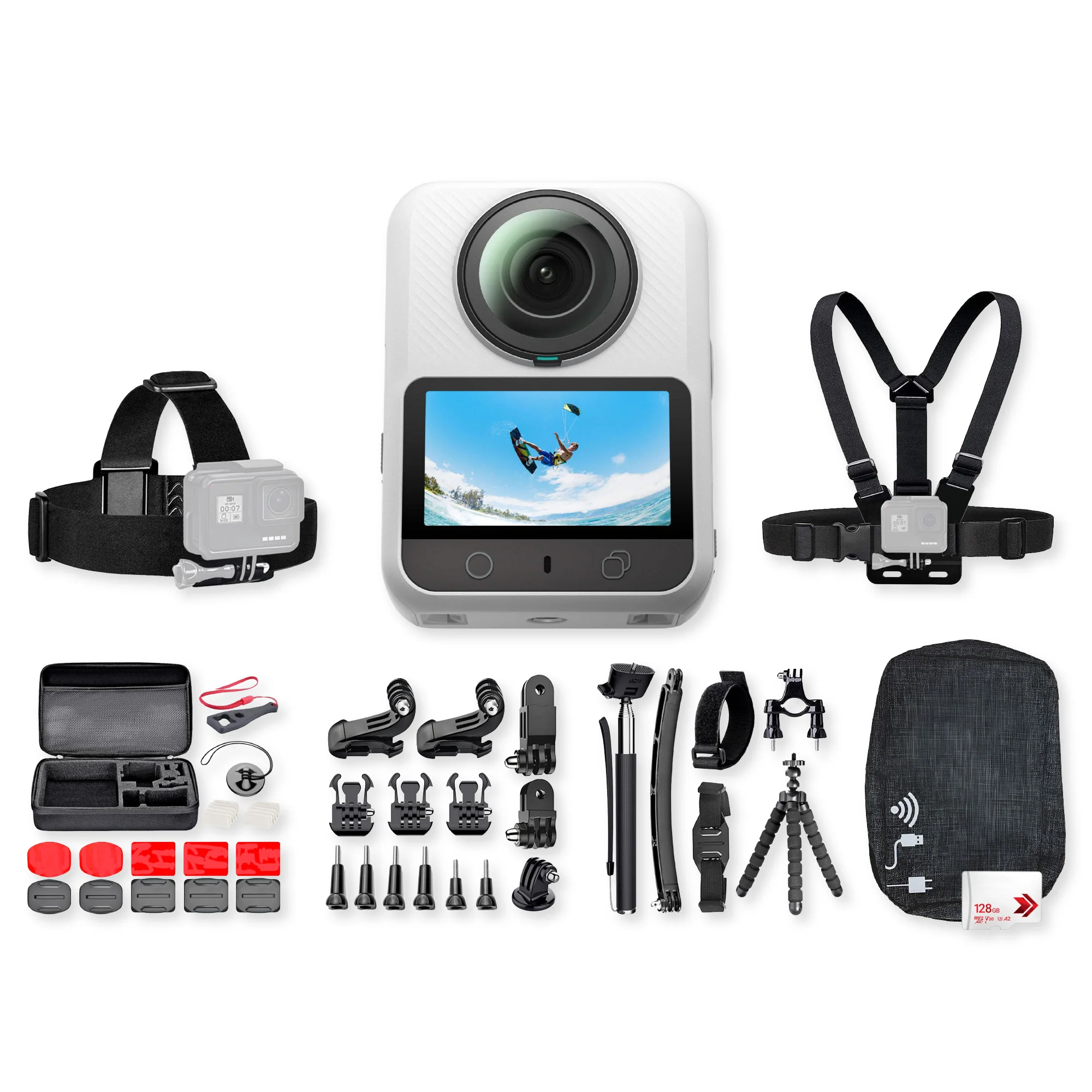 Xtra Sphra360 Action Camera Bundle with 128GB Flash Memory Card, Travel Case, and Accessories