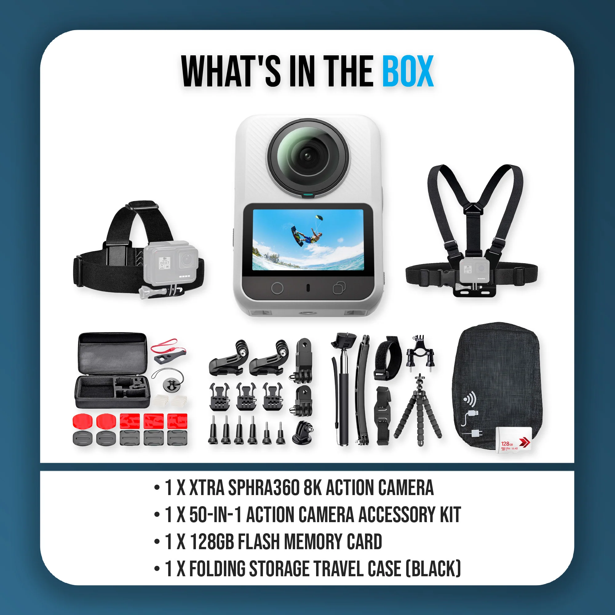 Xtra Sphra360 Action Camera Bundle with 128GB Flash Memory Card, Travel Case, and Accessories - Image 9