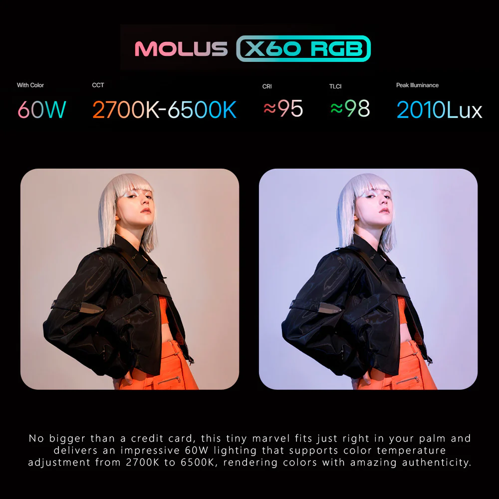 Zhiyun MOLUS X60RGB RGB LED Monolight with 15 Creative Lighting Effects (Combo Kit) - Image 3