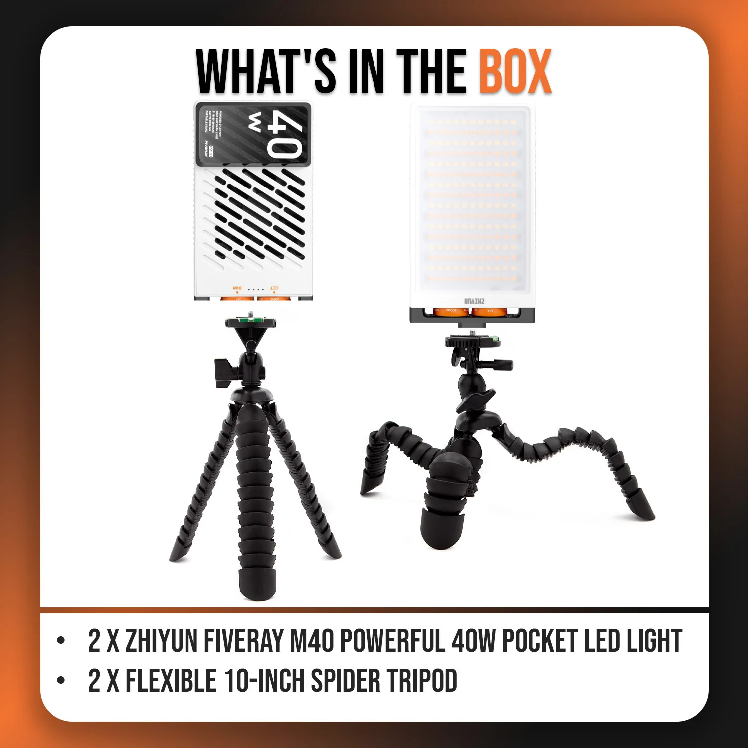 Zhiyun FIVERAY M40 Powerful 40W Pocket LED Light (2-Pack) with 10-Inch Spider Tripod Bundle - Image 8